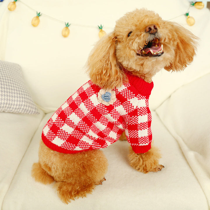 Chic Red Checkered Knit Sweater for Stylish Pets