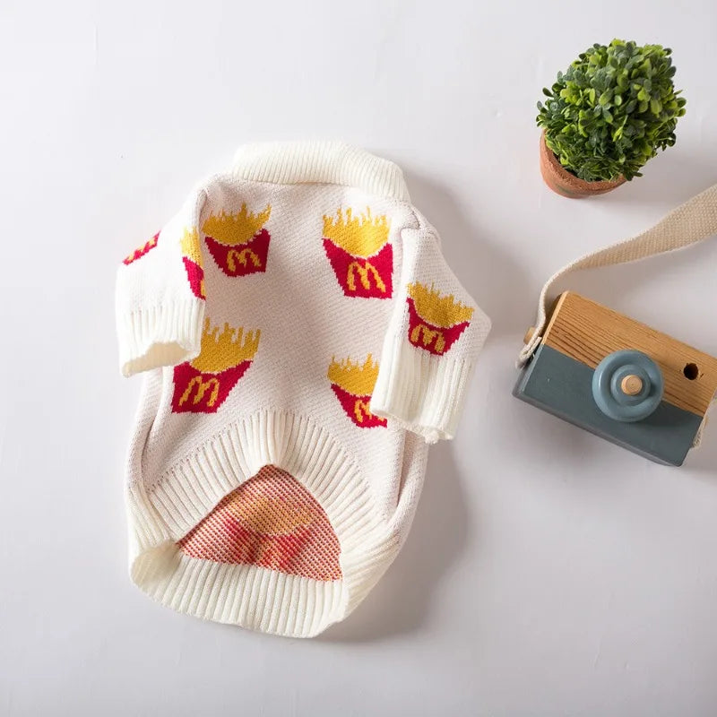 Soft Cotton Sweater for Pets, Small Dog Clothing, Cute French Fries Printed, Jacket for Cats and Animals