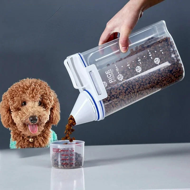 Dog Cat Food Pail Plastic Storage Tank with Measuring Cup Container 1.5kg/2kg