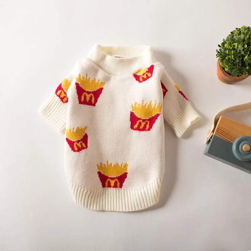 Soft Cotton Sweater for Pets, Small Dog Clothing, Cute French Fries Printed, Jacket for Cats and Animals